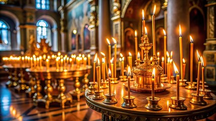 Fototapeta premium Burning wax candles in orthodox church