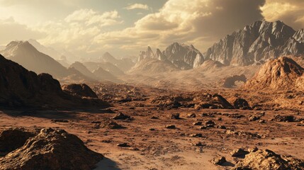 Fototapeta premium A Desolate Martian Landscape with Mountain Range in the Distance