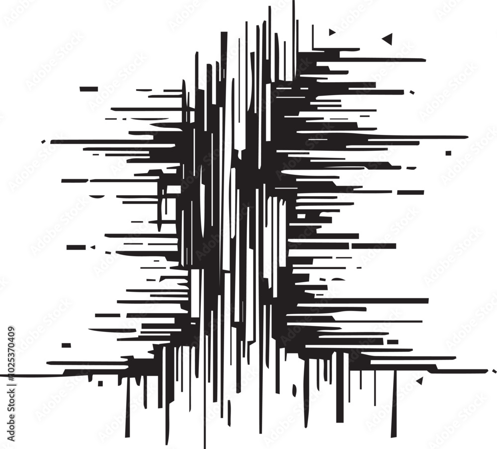 Poster black and white abstract design featuring a series of lines and shapes forming a symmetrical pattern