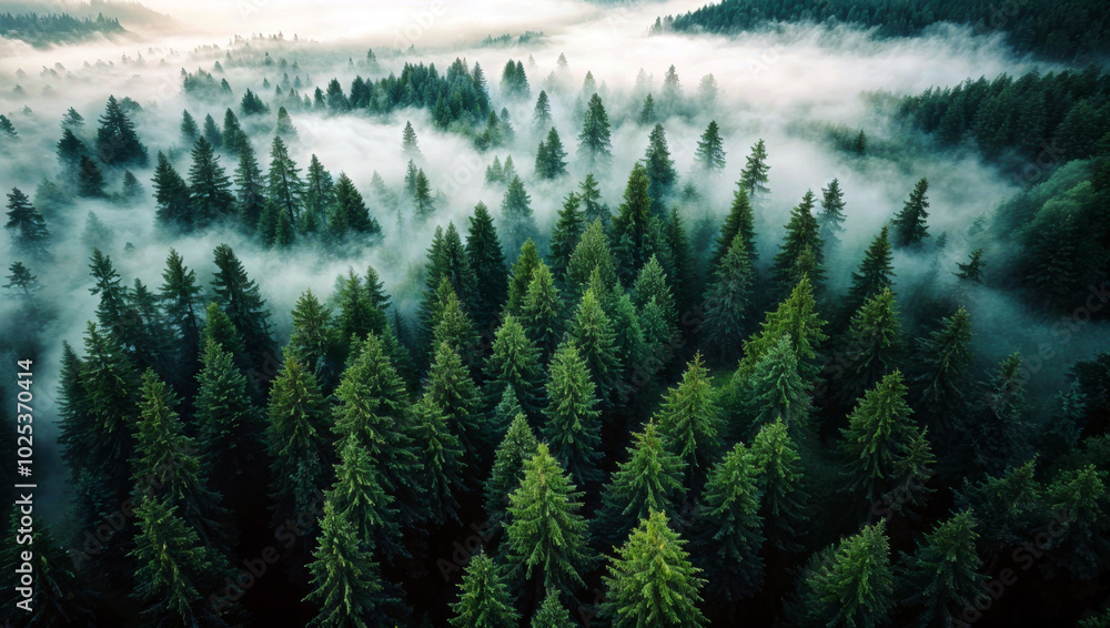 Poster aerial view of evergreen trees covered by fog in the forest