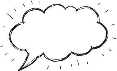 hand-drawn black and white speech bubble with a rounded edge pointing down with radiating lines around it.  This image could be used to represent dialogue or thoughts in a comic book or graphic novel.