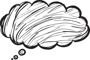 black and white hand-drawn thought bubble with diagonal lines inside which could be used for comic books or educational posters.