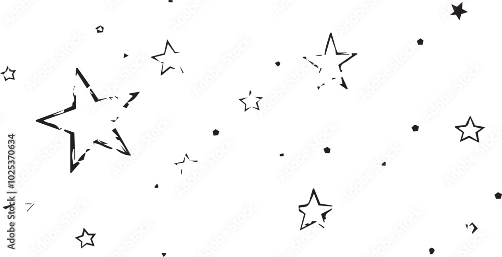 Poster simple design featuring black five-pointed stars of varying sizes scattered across a white background.