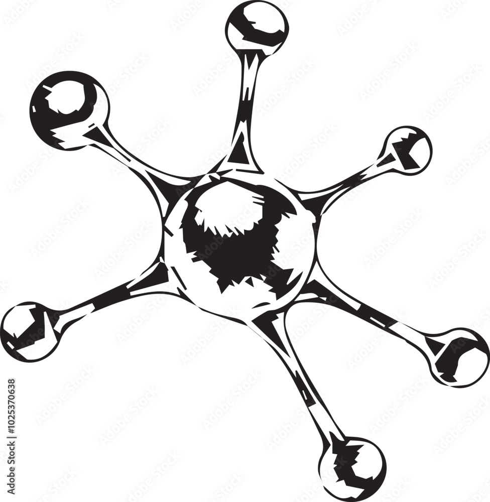 Poster black and white illustration of an abstract form composed of a large sphere with five smaller sphere