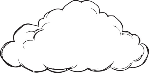 simple black and white line drawing of a puffy cloud created with a sketchy style.  This image could be used as a basic illustration for a weather app a children's book or a cartoon.