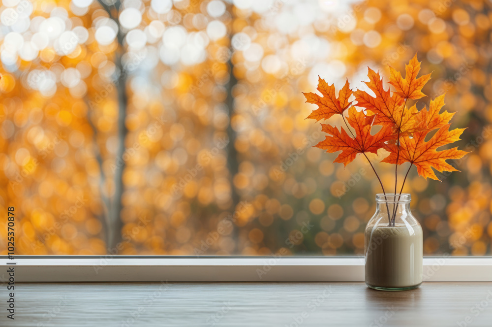Aufkleber Autumn maple leaves bouquet in vase on windowsill with empty table and blurred background