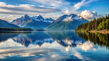 Calm Alaska inlet with distant mountains and reflection extreme close-up