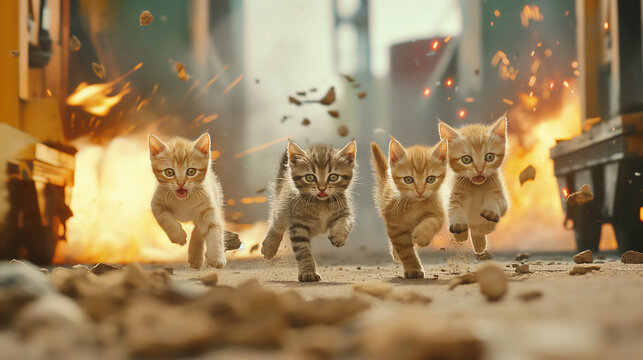 Four kittens run across the ground amid explosions and flying debris. 