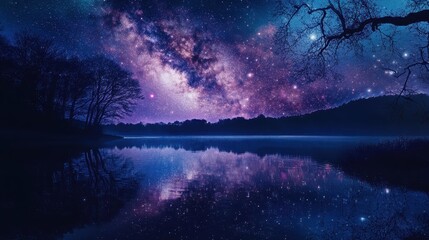 Fototapeta premium Milky Way Galaxy Reflected in a Tranquil Lake at Night