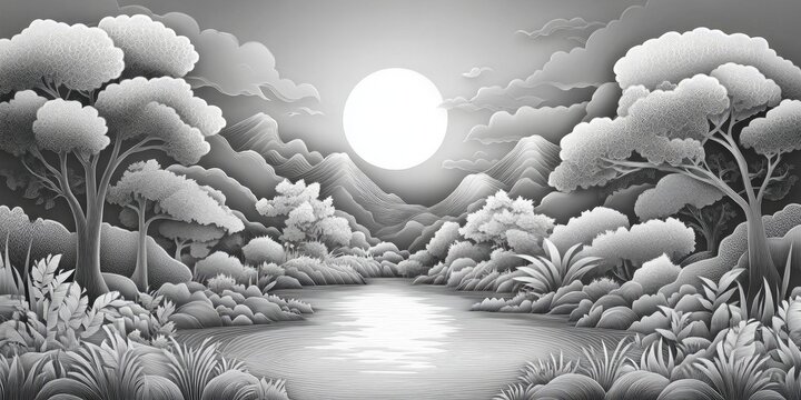 Monochrome scenery of a serene landscape, Black and white tranquil landscape image