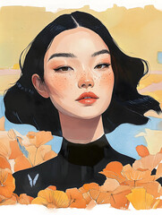 Gouache portrait of an Asian woman.