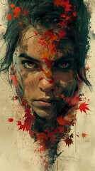 Intense Gaze: Woman in Autumn Leaves Digital Art