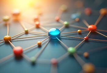 A detailed network icon featuring interconnected nodes and lines, with a central node in a vibrant blue color, and smaller nodes in green, red, and yellow create with ai