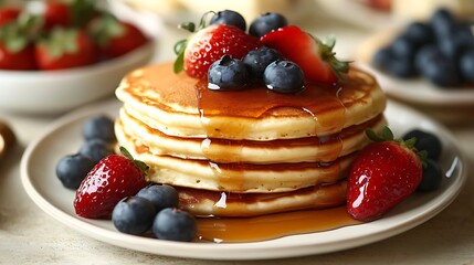 stack of pancakes with syrup and berries
