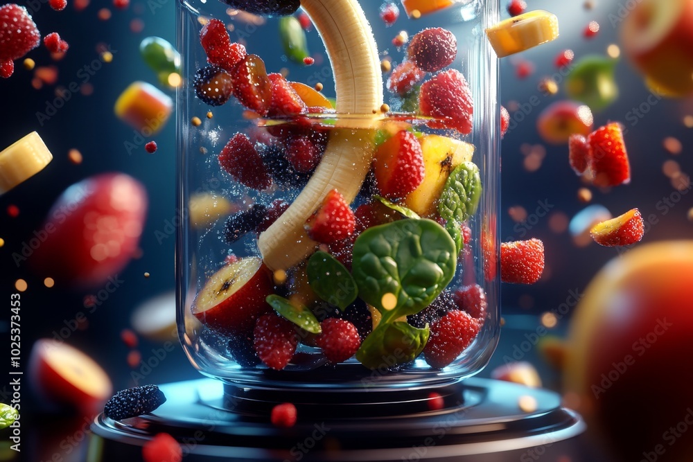 Poster digital 3d animation of a detox smoothie being made, with fruits like banana, apple, and spinach flo