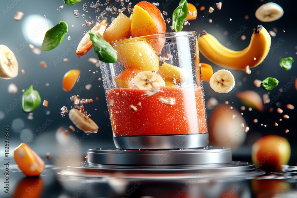 Poster Digital 3D animation of a detox smoothie being made, with fruits like banana, apple, and spinach floating through the air and blending smoothly in a futuristic blender