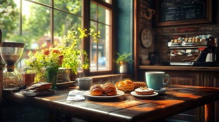 Fototapeta premium coffee and pastries displayed in cozy cafe