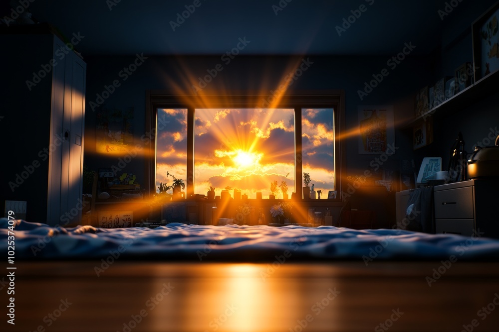 Poster Digital 3D model of a sunrise, showing the light breaking through a bedroom window and illuminating every object in the room with hyper-realistic lighting effects