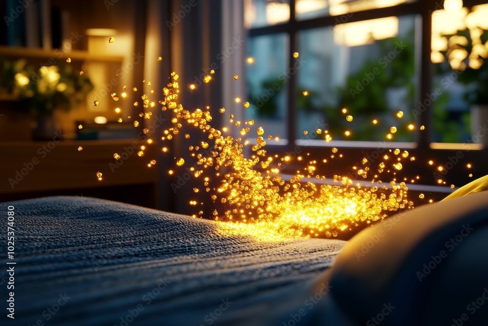 Poster Digital 3D model of a sunrise, showing the light breaking through a bedroom window and illuminating every object in the room with hyper-realistic lighting effects