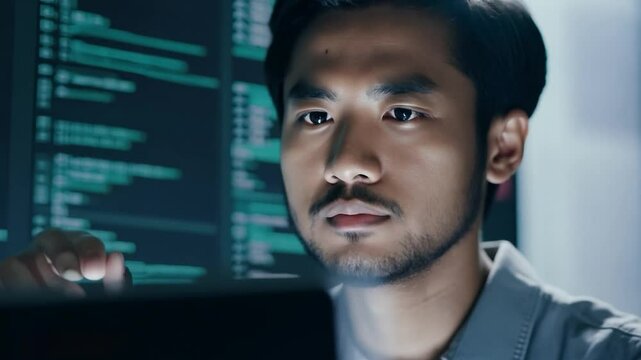 Software developer working on code on computer at night