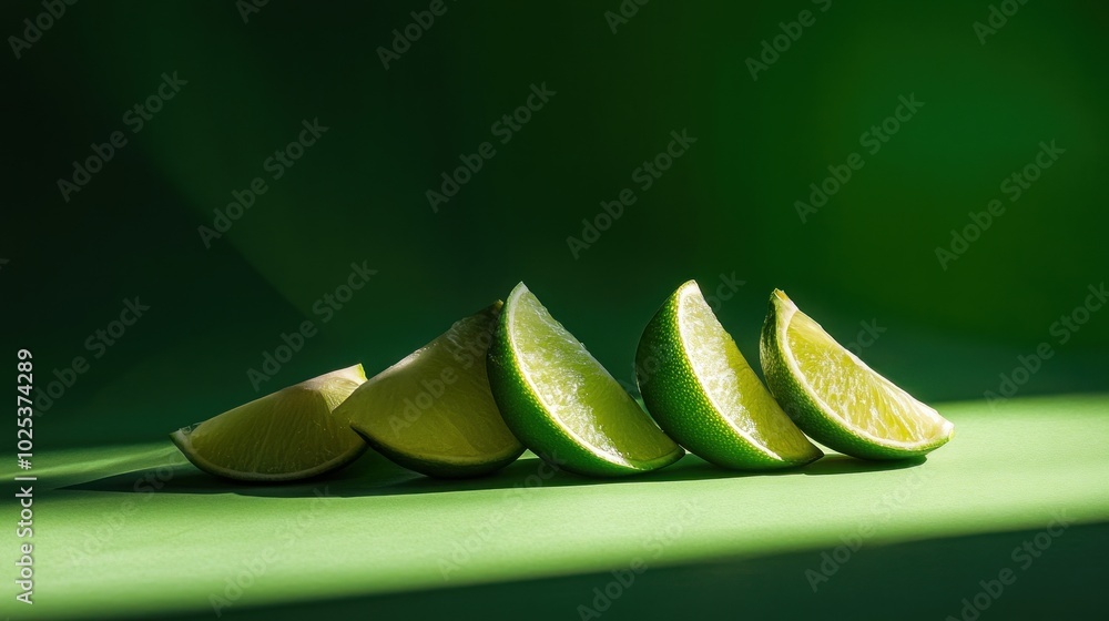 Poster five lime wedges arranged in a row on a green background.