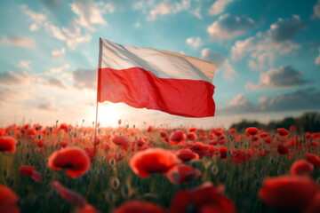 Polish flag waving in poppy field at sunset. November 11. Poland Independence Day. National day of...