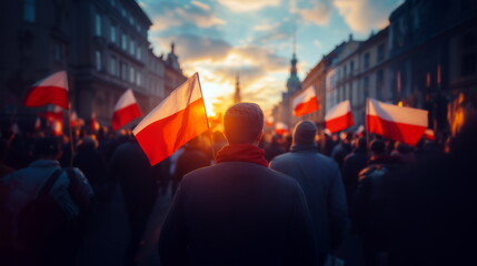 Crowd of people holding Polish flags on the street, with the sun setting in the background. November 11. Poland Independence Day. National day of Poland.