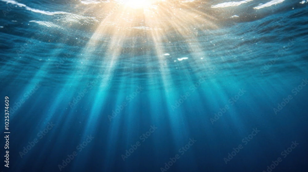 Poster sunlight beams through the surface of the ocean, creating a mesmerizing pattern of light and shadow.