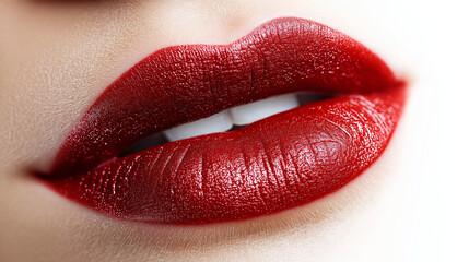 Obraz premium a single, elegant lips of ruby red lipstick on white background, with soft color gradients and subtle sheen to highlight the texture and glossiness of lip makeup