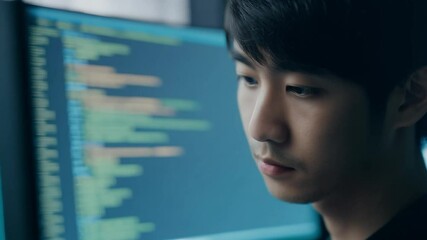 Young asian programmer focusing on code displayed on computer screen