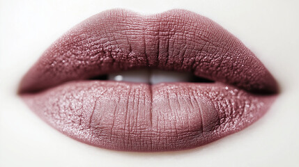 Fototapeta premium a single, elegant lips of shimmering taupe lipstick on white background, with soft color gradients and subtle sheen to highlight the texture and glossiness of lip makeup