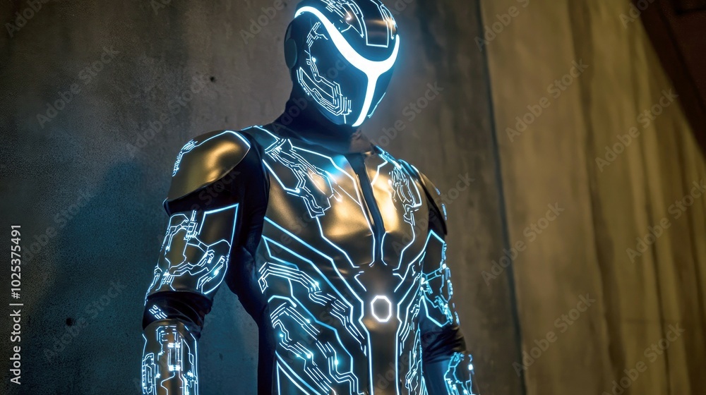 Poster a futuristic figure in a sleek, illuminated suit with circuit-like patterns.