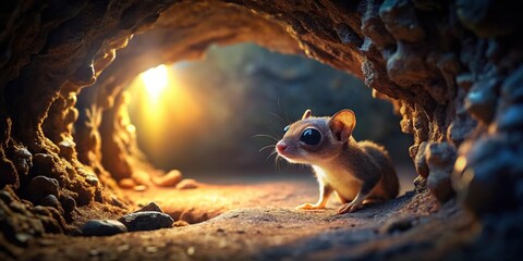 Cautious exploration of dark cave with soft glow background