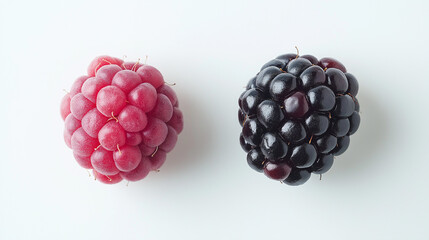 blackberries or raspberries: a close-up, top-down view of blackberries and raspberries, placed side by side with a small gap on a white background