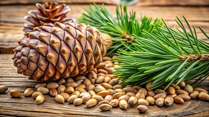 Cedar nut pine cone with green pine lump and cedar wood branch in woodland setting