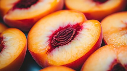 Close-up of fresh, halved peaches with a focus on the texture of the fruit and the pit.