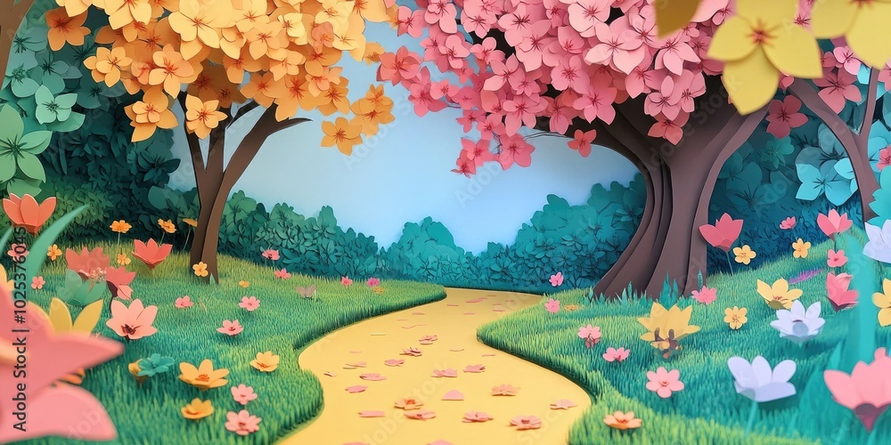 Aufkleber pathway in a park adorned with fallen flowers and a tree in the background, scenic park pathway with