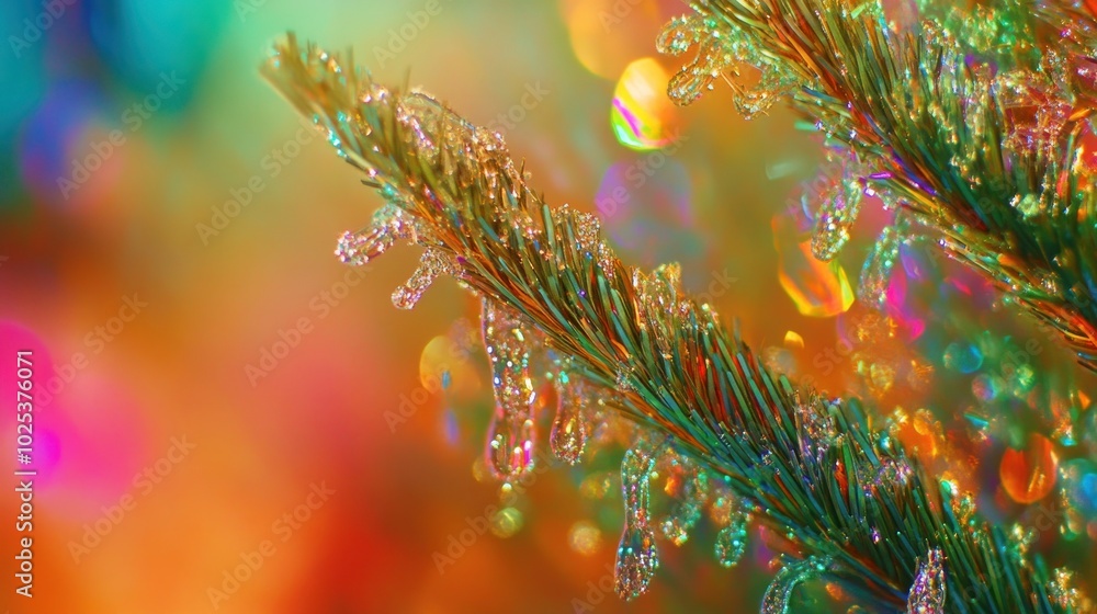 Poster close-up of pine needles covered in ice with colorful bokeh background.