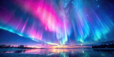 Celestial aurora in pink and blue colors with forced perspective view