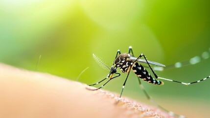 Fototapeta premium A close-up of a mosquito biting a person's arm, highlighting the insect's intricate details.