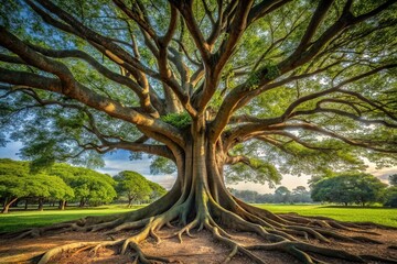 Centenarian tree with large trunk and exposed roots above the ground