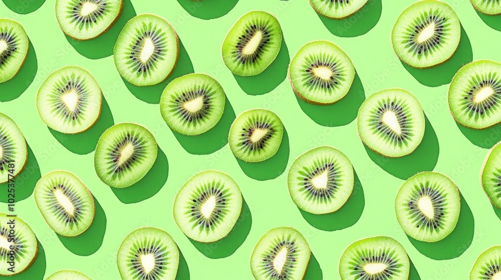 Poster a flat lay of sliced kiwi fruit arranged in a repeating pattern on a green background.