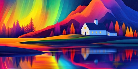 Vibrant northern lights illuminate a white house on an island, with dancing colors over a barn and mountain during autumn, showcasing the beauty of the Aurora Borealis