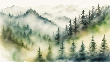 A watercolor pine forest painted in shades of green, white, and earthy hues.