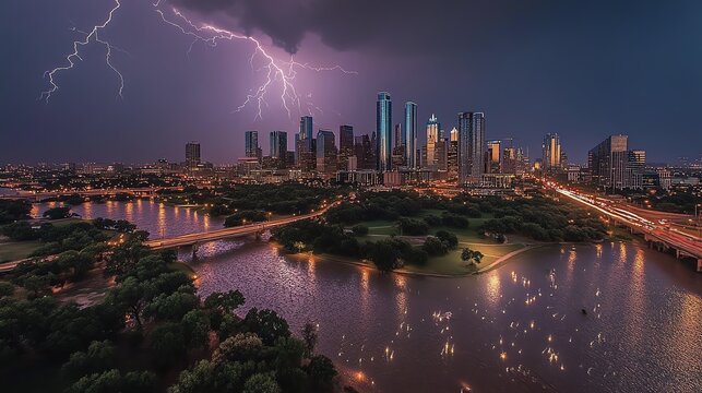 Lightning strikes over Dallas skyline