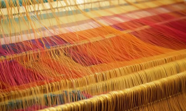 Close-Up of Silk Fabric Being Woven on Traditional Loom