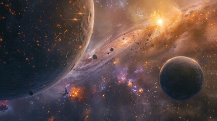 A vibrant and chaotic cosmic scene featuring two planets in a swirling galaxy. The distant sun's glow illuminates the celestial bodies, creating a captivating contrast with the dark space.