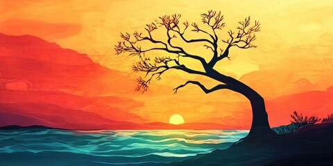 Blurry silhouette of a lifeless tree along the shoreline at dusk, Blurry silhouette of a dead tree by the water at sunset