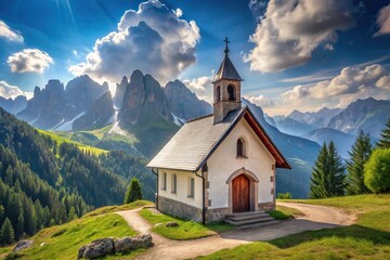 Fototapeta premium Chapel surrounded by mountains in the Italian Dolomites