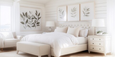 an Organic Modern Bedroom with a Sleek and contemporary vibe, wide shot to capture the entire bedroom with bed